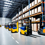 ** A modern logistics warehouse in Russia, bustling with activity. Show trucks being loaded and unloaded, forklifts moving pallets, and workers using handheld devices. Emphasize the use of technology, like barcode scanners and digital displays. The overall feel should be efficient and high-tech.

**