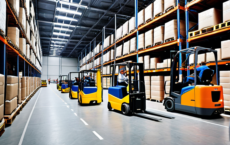 ** A modern logistics warehouse in Russia, bustling with activity. Show trucks being loaded and unloaded, forklifts moving pallets, and workers using handheld devices. Emphasize the use of technology, like barcode scanners and digital displays. The overall feel should be efficient and high-tech.
**