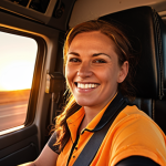 **Prompt:** A determined woman truck driver smiling confidently from the cab of her modern big rig, highway stretching out behind her, golden sunset. Focus on the feeling of independence and adventure.