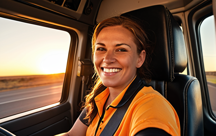 **Prompt:** A determined woman truck driver smiling confidently from the cab of her modern big rig, highway stretching out behind her, golden sunset. Focus on the feeling of independence and adventure.