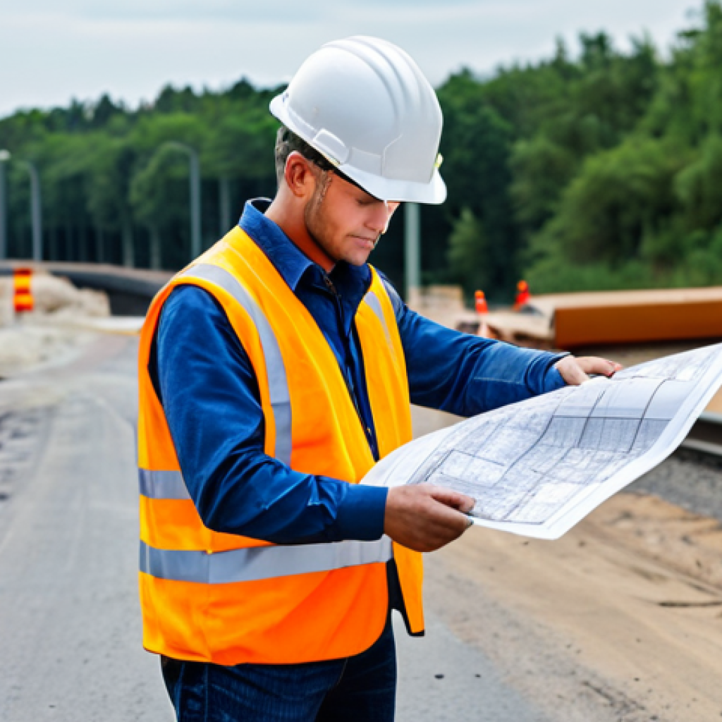 **

A professional civil engineer, fully clothed in a high-visibility vest and hard hat, inspecting road construction with blueprints in hand, appropriate attire, safe for work, perfect anatomy, natural pose, daytime setting, construction site background, professional photography, high quality.

**