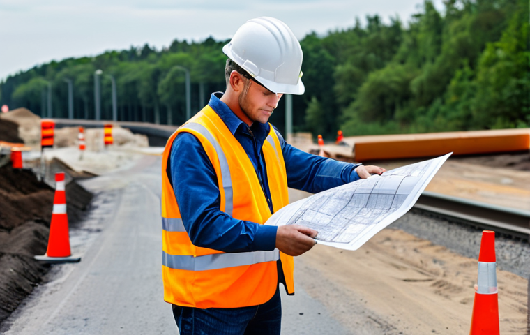 **
A professional civil engineer, fully clothed in a high-visibility vest and hard hat, inspecting road construction with blueprints in hand, appropriate attire, safe for work, perfect anatomy, natural pose, daytime setting, construction site background, professional photography, high quality.
**