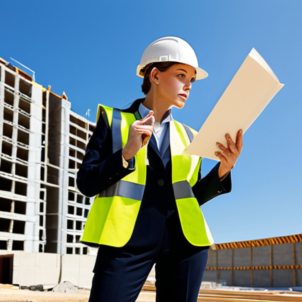 **

A professional architect in a fully clothed, modest pantsuit, reviewing blueprints on a construction site. Hard hats and safety vests are present. The backdrop includes modern buildings under construction against a clear sky. Perfect anatomy, correct proportions, natural pose, professional, appropriate content, safe for work.

**