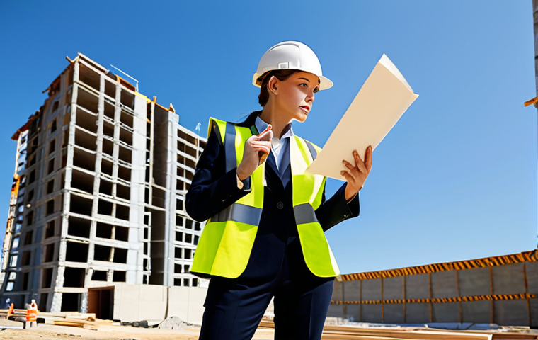 **

A professional architect in a fully clothed, modest pantsuit, reviewing blueprints on a construction site. Hard hats and safety vests are present. The backdrop includes modern buildings under construction against a clear sky. Perfect anatomy, correct proportions, natural pose, professional, appropriate content, safe for work.

**