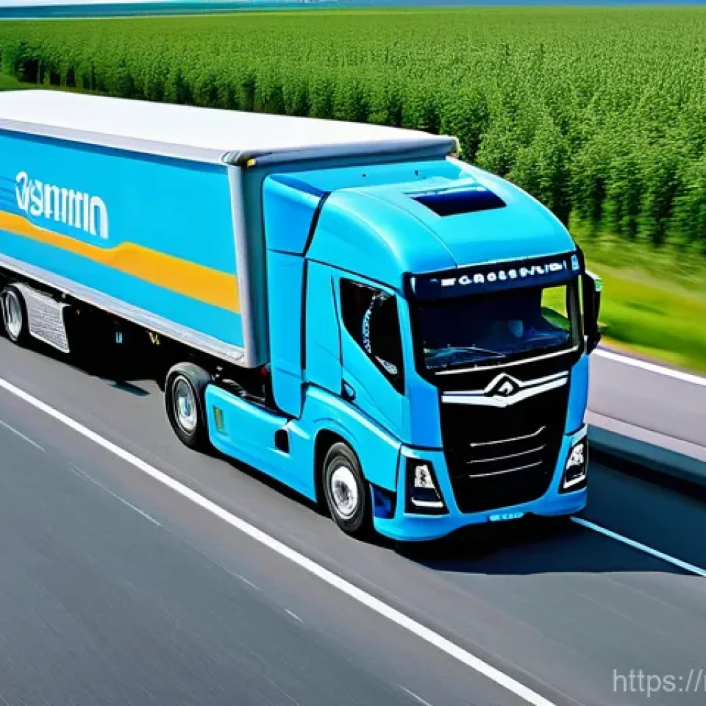 교통분야 직업군 전망 - **Prompt:** A fleet of modern, sleek autonomous semi-trucks, featuring advanced sensor arrays and fu...