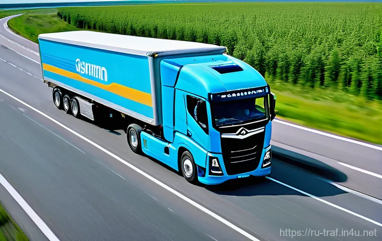 교통분야 직업군 전망 - **Prompt:** A fleet of modern, sleek autonomous semi-trucks, featuring advanced sensor arrays and fu...
