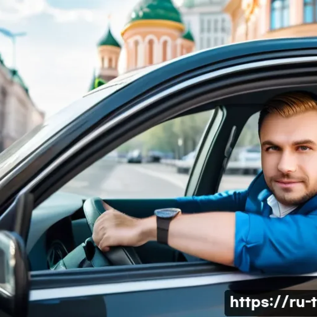교통기사 취득 후 커리어 발전 - A professional Russian taxi driver in his 30s wearing a clean uniform and a seatbelt, sitting confid...
