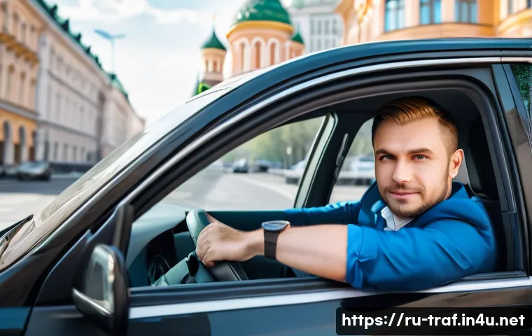 교통기사 취득 후 커리어 발전 - A professional Russian taxi driver in his 30s wearing a clean uniform and a seatbelt, sitting confid...
