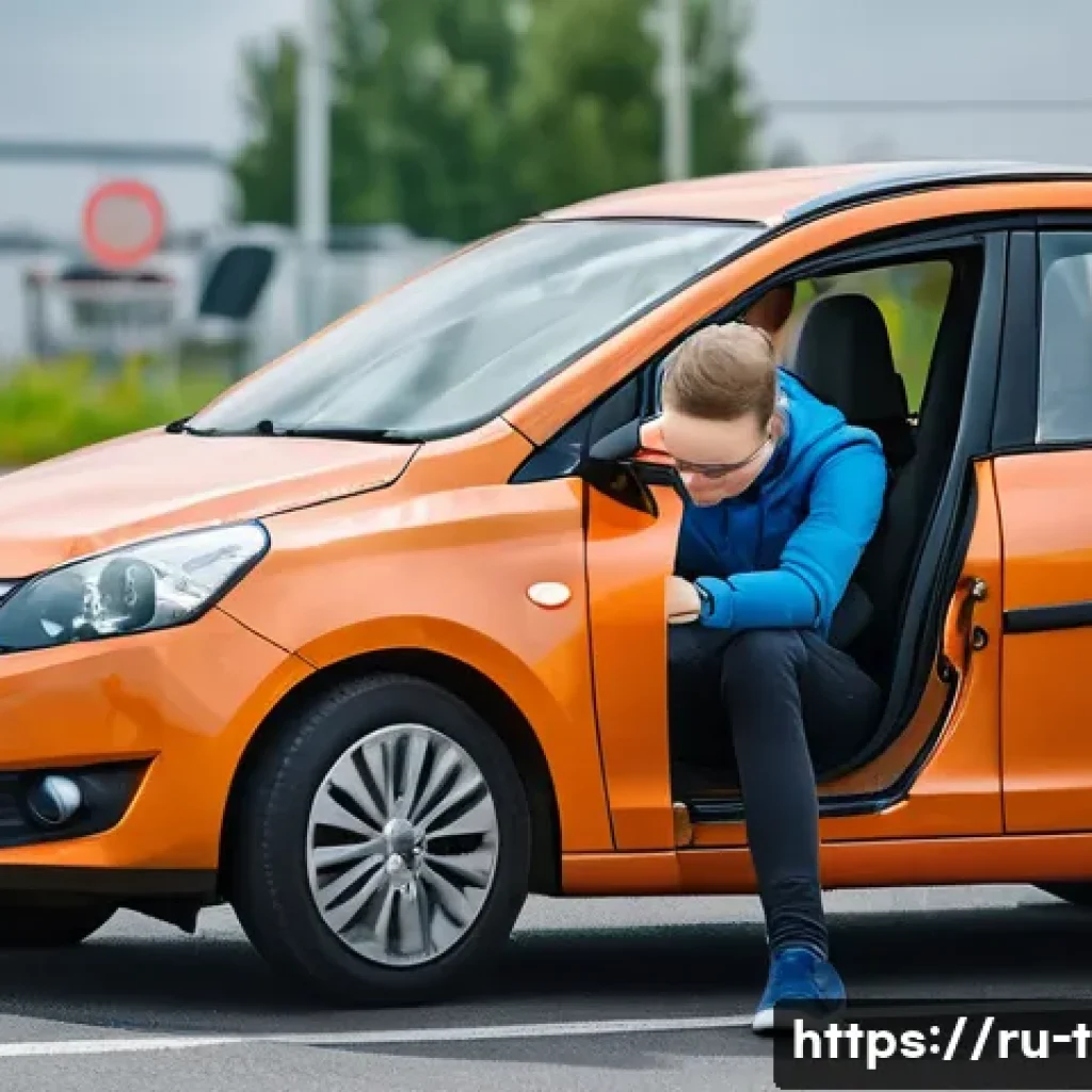 교통기사 시험 후기와 조언 - A detailed scene showing a young adult learner driver practicing parallel parking on a driving schoo...