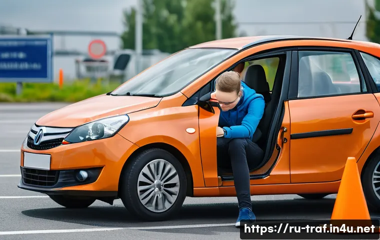 교통기사 시험 후기와 조언 - A detailed scene showing a young adult learner driver practicing parallel parking on a driving schoo...