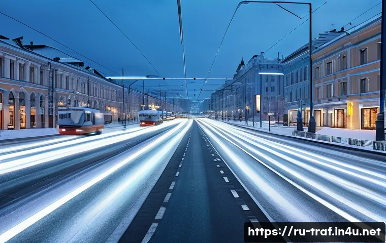 교통관련 자격증과 공학적 요소의 연결 - A futuristic urban street scene in a Russian city featuring smart traffic management systems: multip...