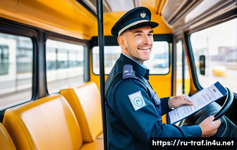 교통직 실무에서 자격증의 실제 활용 사례 - A professional male bus driver in a clean uniform with visible official transportation company badge...