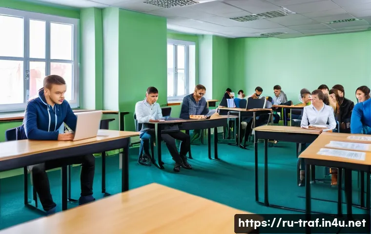 교통업계 자격증 갱신 절차 - A professional training center in Russia with a modern classroom setting, showing adult students att...