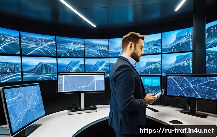 교통관련 직업의 수요와 전망 - A modern transportation data analyst working in a high-tech office environment in Moscow, surrounded...