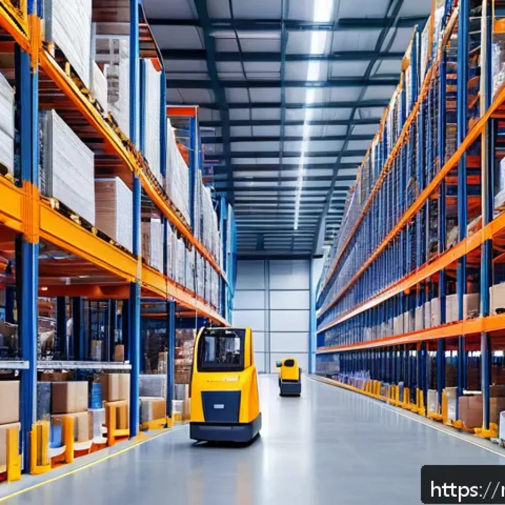 교통 실무 경험 일기 - A modern warehouse interior featuring advanced robotic platforms actively sorting and packaging good...