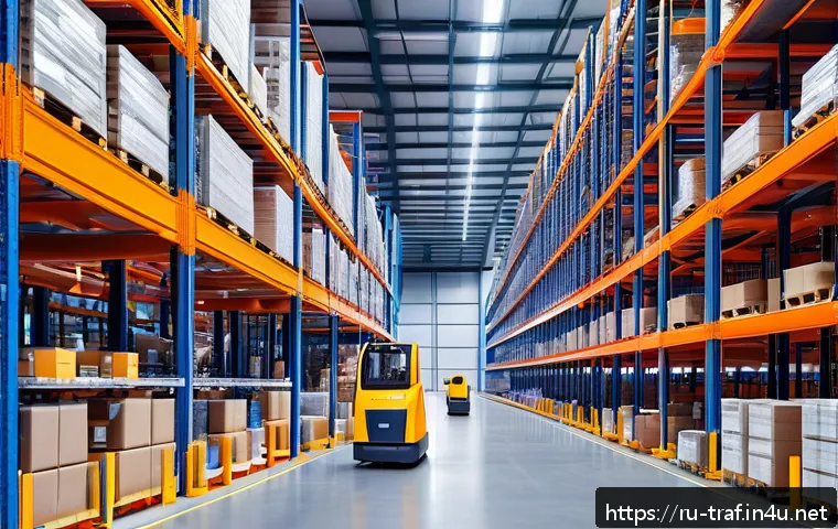 교통 실무 경험 일기 - A modern warehouse interior featuring advanced robotic platforms actively sorting and packaging good...