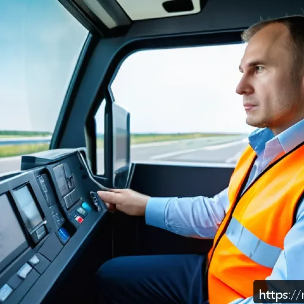 교통관련 직종별 취업 준비 자료 - A professional Russian cargo truck driver in his 30s, wearing a clean uniform and a safety vest, sit...