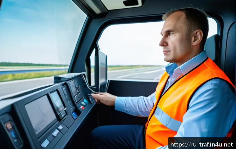 교통관련 직종별 취업 준비 자료 - A professional Russian cargo truck driver in his 30s, wearing a clean uniform and a safety vest, sit...