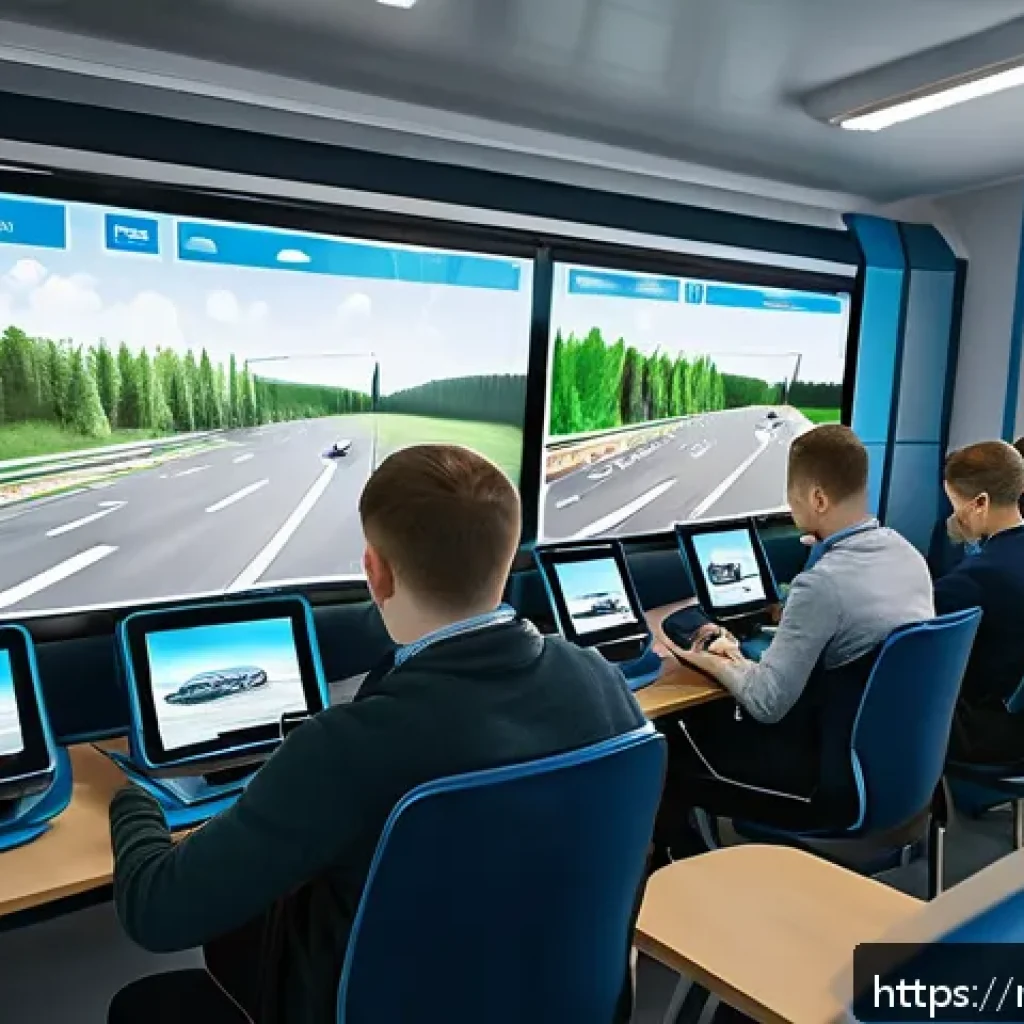 교통 분야 자격증 시험 일정 - A modern driving school classroom in Russia with students using interactive tablets and simulators s...