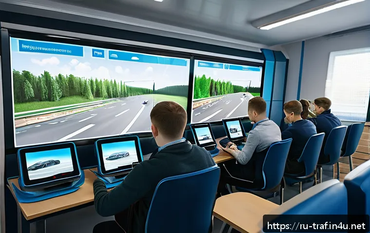 교통 분야 자격증 시험 일정 - A modern driving school classroom in Russia with students using interactive tablets and simulators s...