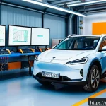 Home 21 교통산업 변화와 직업군 대응법 - A modern automotive workshop specializing in electric vehicles, featuring diverse technicians wearin...