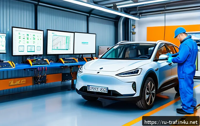 교통산업 변화와 직업군 대응법 - A modern automotive workshop specializing in electric vehicles, featuring diverse technicians wearin...