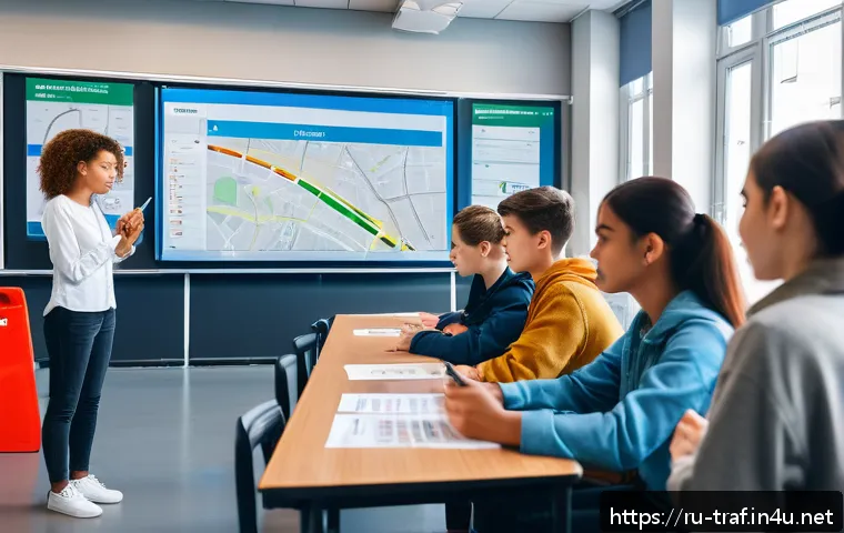 교통안전관리사 시험 난이도 분석 - A detailed classroom scene showing a diverse group of young adult students attentively studying road...