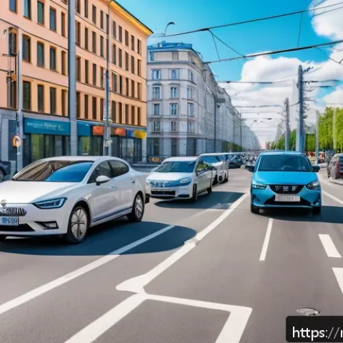 Home 30 교통 관련 필수 법규 이해 - A modern Russian city street scene featuring a variety of vehicles including electric and hybrid car...