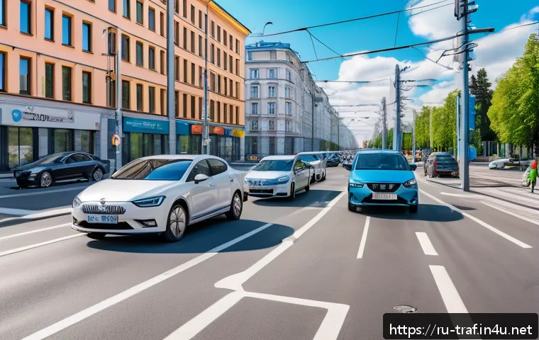 교통 관련 필수 법규 이해 - A modern Russian city street scene featuring a variety of vehicles including electric and hybrid car...