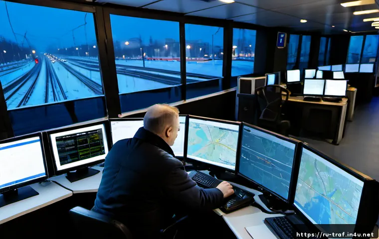 Home 17 교통직 업무와 관련된 도전 과제 - Photorealistic Russian urban traffic control center at winter dawn, a focused middle-aged transport ...