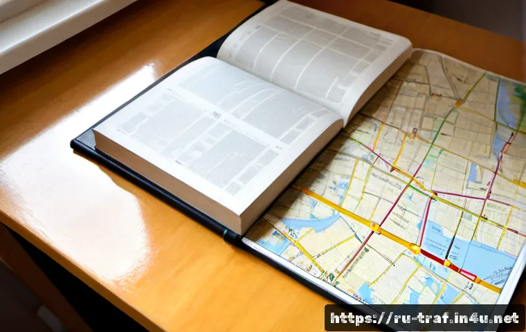 Home 17 교통 관련 필수 서적 추천 - Photorealistic overhead view of a tidy wooden desk in a Russian apartment, an open unbranded transpo...
