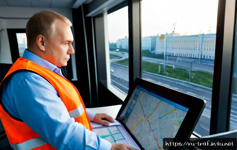 교통 관련 자격증 전망과 중요성 - Photorealistic modern Russian urban traffic control center, confident middle-aged transport speciali...