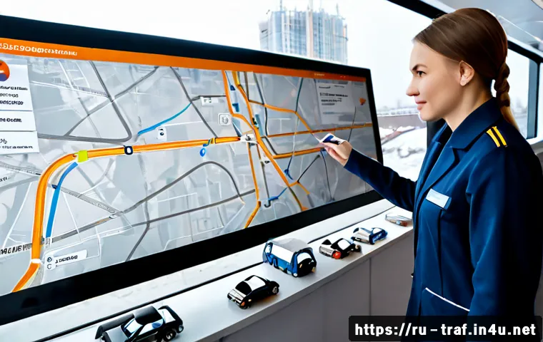 Home 17 교통산업 트렌드와 자격증 - Photorealistic modern Russian urban transport operations center, confident middle-aged female logist...