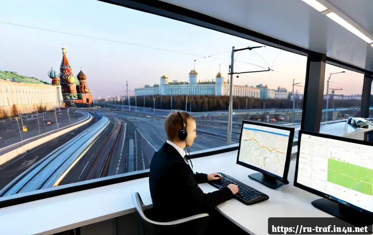 교통 관련 직업의 미래 - Photorealistic modern Russian urban transit control center, experienced transport dispatcher and you...